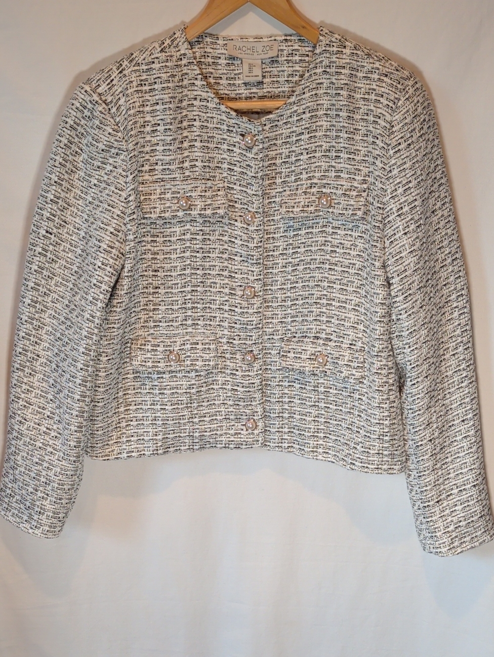 Rachel Zoe Ivory and Black Tweed Pearl-Button Cropped Jacket